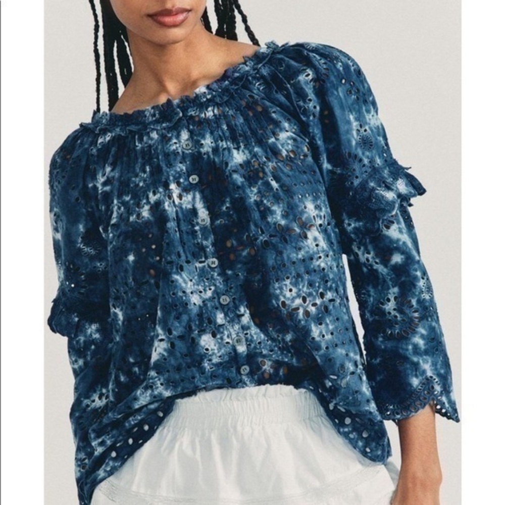 LoveShackFancy Pietro Eyelet Cotton Peasant Top Indigo Blue Size Small NWT